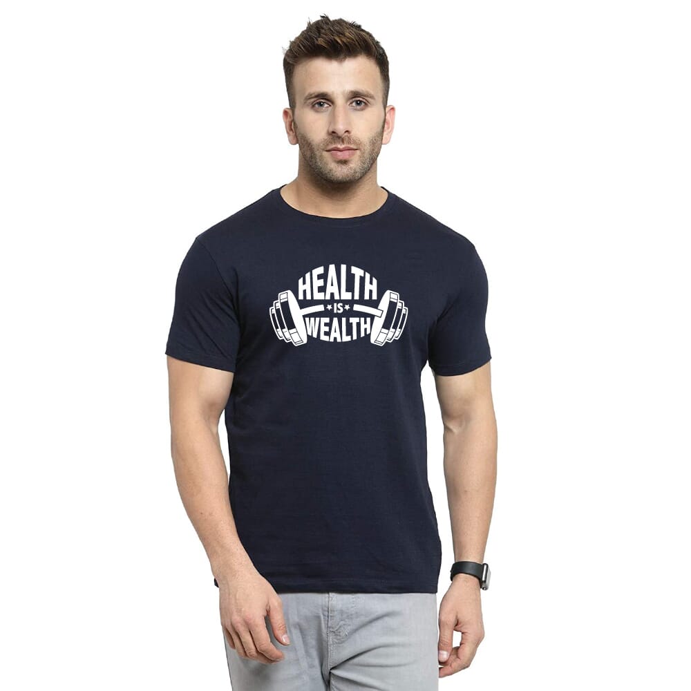 Health Is Wealth Unisex Biowash Tshirt - Navy Blue